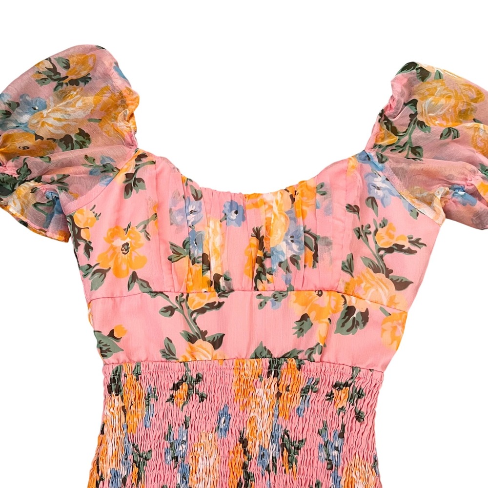 ❤️NWOT One and Only Collective Pink Floral Smocked Puff Sleeve Mini Dress XS - Picture 5 of 10